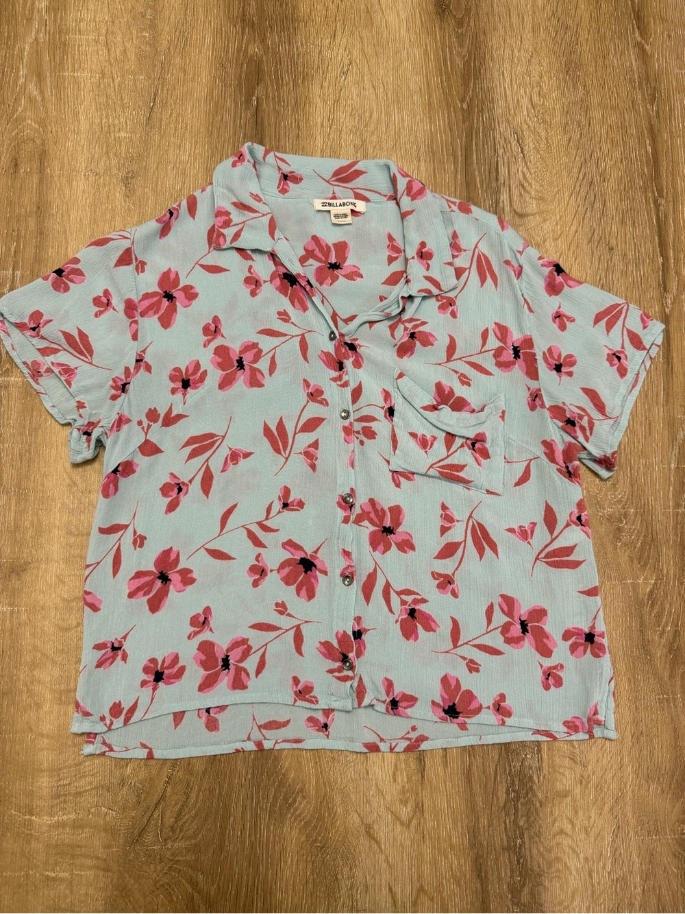 Billabong Pale Blue Short-Sleeve Button-Up with Pink Floral Print